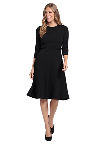 London Times Women's Dresses Crepe Fit and Flare Midi with Waist Button Detail Black