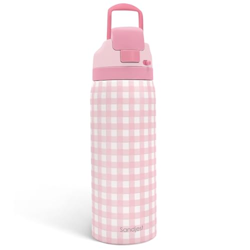 Image of Gingham Pattern Insulated Stainless Steel Water Bottle with Straw, Push-Button Lid, 32 Ounce, Gifts for Women Girls Friends Teens Birthday Christmas (Pink)