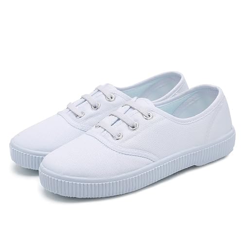 Chaussures de sport respirantes blanches pour enfants en toile - Chaussures de maternelle légères avec fermeture à crochet et boucle pour garçons et filles, idéales...