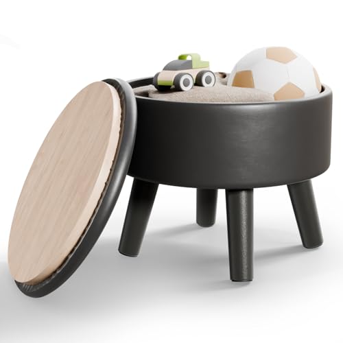 BRIAN & DANY Puff Almacenaje Pequeño, Taburete Redondo con Almacenamiento con Patas de Madera, Reposapiés Sofa Otomana con Tapa para Dormitorio Salon Entrada, Ø 33x32 cm, Cuero, Negro