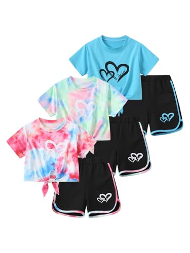 Image of Girls 6 Pieces Summer Outfits Casual Short Sleeve Tee Tops and Dolphin Shorts Set 4-12Y