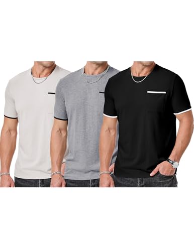 JMIERR Mens T-Shirt Cotton Crewneck Basic Tee Casual Short Sleeve Shirts Active Quick Dry 3 Pack Tops with Pocket