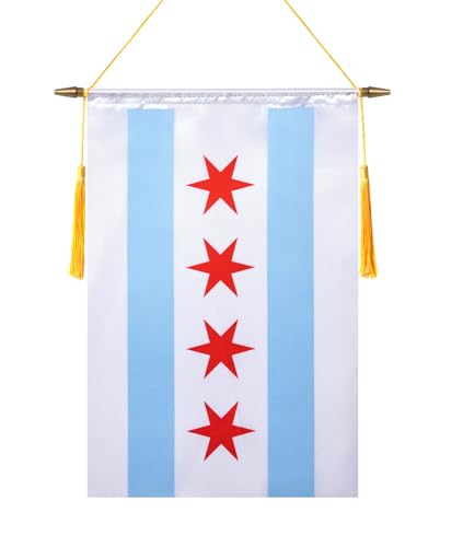 TMHTMH 18x12 Inch Chicago Wall Banner Flag,Wooden Hanging Pole and Double Satin Finish,USA Chicago...