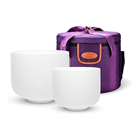 TOPFUND 432Hz Set of 2 Crystal Singing Bowls 8 &10 inch with Heavy Duty Carrying Case and Singing Bowl Mallets (8" F# Note, 10" C# Note) Cover