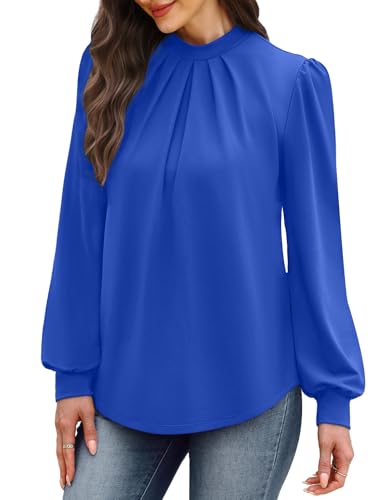 Image of WIHOLL Long Sleeve Shirts for Women Mock Neck Tops Pleated Front Blouses Dressy Casual Spring Fall Clothes 2026 Fashion