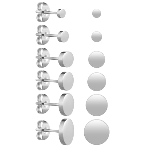 6 Pairs Dot Stud Earrings Silver Round Disc Stud Earrings Stainless Steel Ear Studs for Women Men...