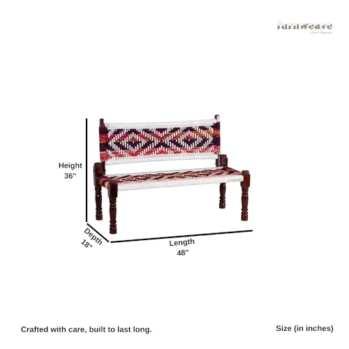 Image of Srima Wooden Bench for Living Room | Handcrafted Sheesham Wood Backrest Bench for Balcony & Garden | Traditional Patio for Outdoor with Chindi & Cotton Handwoven Rope | Chindi & White