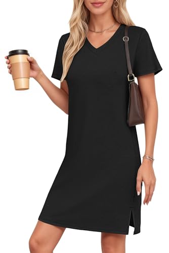 AUSELILY Summer Dress Women Short Sleeve Casual T-Shirt Dress Ladies V-Neck A-Line Beach Sundress Black XS