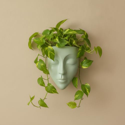 Image of Ceramic Lady Face Wall Hanging Planter (7 Inches, Green) | Abstract Face Vase for Indoor Plants | Succulent Planter for Living Room, Balcony & Office Decor | Aesthetic Home Decor Gift
