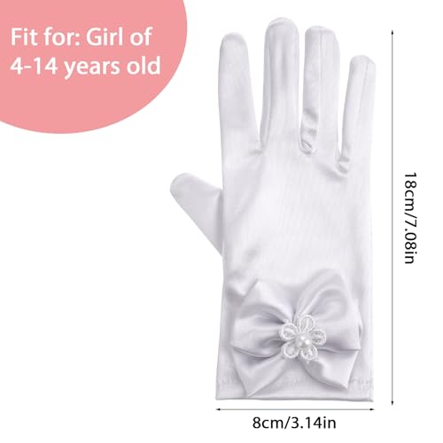 First Communion Gloves for Girls White Princess Gloves with Bow 3-12 Years Stretch Satin Dress Princess Glove for Tea Party Wedding Gorgeous Formal Pageant Birthday Party2