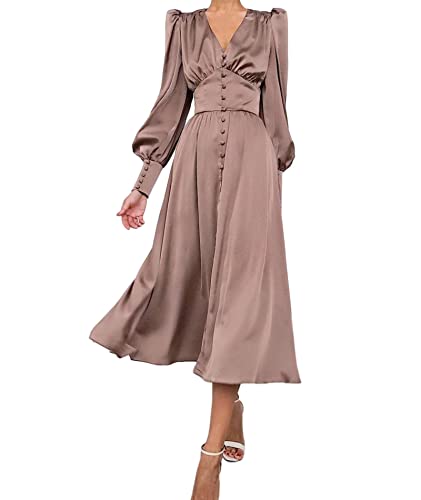 xxxiticat Damen Satin Midikleid Langarm Vintage Puffärmel Maxikleider Rüschen Einreihig Knopfleiste Einfarbigkleid (BR,M)