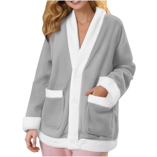 Womens Flannel Pajamas Long Sleeve Color Block Fleece Pajama with Pocket Casual Fashion Home Warm Button Sleepwear