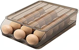 MEYYY 1-Tier Egg Holder with Lid Auto Scrolling Fridge Egg Trays Stackable Fridge Organiser for 18 Eggs Basket Kitchen Storage Containers, Transparent Gray