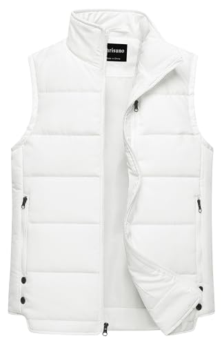 Chrisuno Men's Outdoor Warm Vests Light Quilted Puffer Vest Winter Gilet Zipper Sleeveless Jackets Stand Collar Outerwear White S