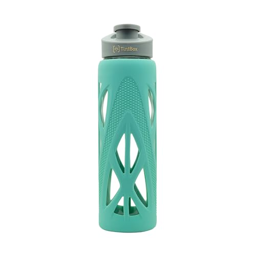 TintBox Borosilicate Glass Water Bottle with Silicone Sleeve | as seen on Shark Tank | perfect for Office, Home, Fridge, Gym, Travel | BPA Free | Cool Green | 750ml