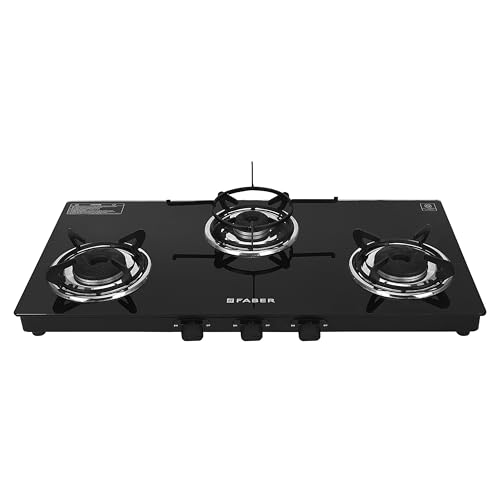 Faber Phoenix 3 Burner Cooktop | Black Glass Finish | Double Drip Tray | ABS Knobs | Pan Support |5 Yr Warranty on Burner & 2Yrs Comprehensive | Phoen