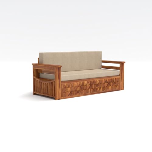 Image of Kunjal Furniture Solid Sheesham Wood Sofa Cum Bed with Storage for Living Room | Natural Finish | 3-Seater Convertible Sofa Bed | Handmade Wooden Furniture (Natural, Diamond)