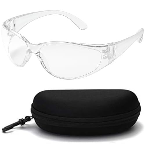 Image of KT Safety Glasses with Protective Hard Case - Transparent Anti-Scratch Safety Goggles for Eye Protection - Lightweight, Clear Lens Eyewear for Work, Lab, Riding & DIY Use