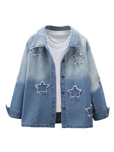 MakeMeChic Girl's Star Denim Jacket Coat Long Sleeve Collared Y2K Button Down Shirt