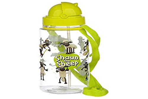 Puckator Shaun the Sheep Childrens Kids 450ml BPA Free PVC Water Drinks Bottle, Flip Straw, Adjustable Nylon Carry Strap, School Gym Sports Camping, Licensed, Multicolour, Height 19cm Strap 60cm