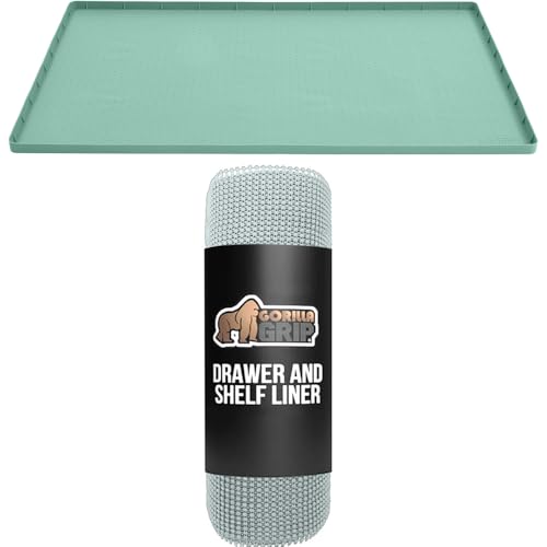 Image of Gorilla Grip Silicone Under Sink Mat with Raised Lip and powerGRIP Drawer Shelf and Cabinet Liner, Mat Size 19x22 Mint, Waterproof, Liner Size 12x20 SpaBlue, Easy Install, 2 Item Bundle