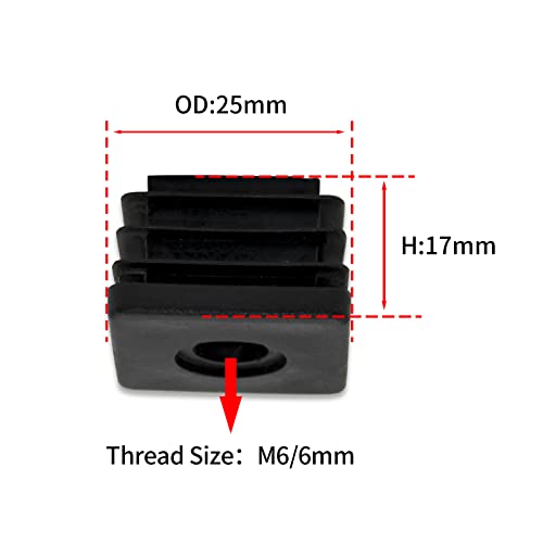 Image of Flyshop Black M6 Threaded Plastic Plugs Square Tube End Caps Tubing Plugs Inserts Furniture Glider 25 mm x 25 mm 4 Pcs