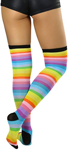 Image of ToBeInStyle Women's Bright Vibrant Rainbow Striped Thigh High Rave Stockings