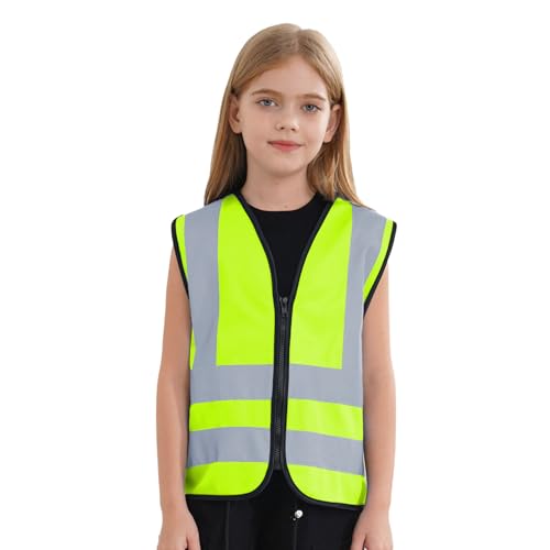 RUNQHUI - Chaleco de seguridad para niños y niñas (alta visibilidad, sin mangas, chaleco reflectante de 3 a 12 años), A amarillo neón, 10- 12 años