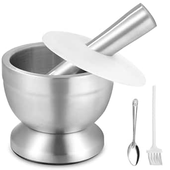 304 Mortier Pilon Cuisine avec Pinceau, Cuillère et Couvercle en Silicone, Moulin à épices de Qualité Supérieure, Broyeur et bol à Herbes, Parfait pour le Broyage, Le Mélange et le Stockage