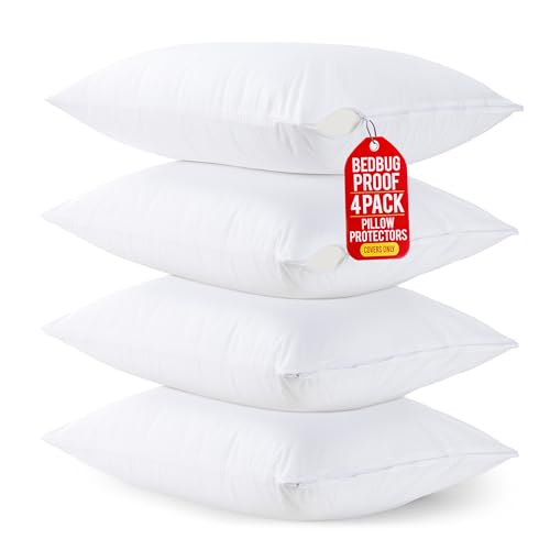 Set of 4 Pillow Protectors with Zipper Queen Size, Bed Bug and Dust Mite Proof Pillow Covers, Ultra Soft Pillow Encasements, Moisture Wicking and Waterproof Pillow Cases by Utopia Bedding (White)