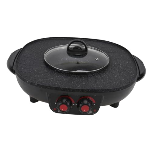 PartyKindom Smokeless Hot Pot Barbecue Grill Non Stick Electric Cooker with Toughened Lid for Home Restaurant Use Triangle Plug Included