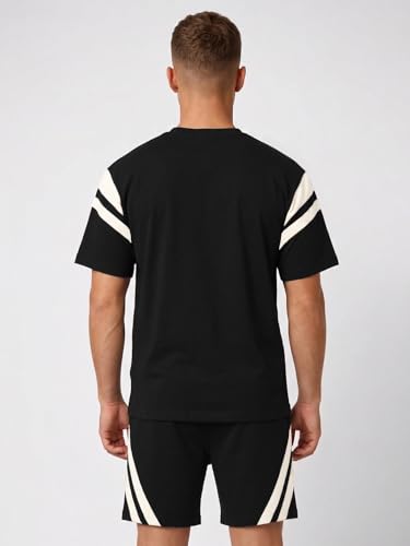 Image of CHKOKKO Men's Co-Ord Set Premium Cotton Blend Oversized T-Shirt & Shorts Cord Set with Side Pockets Round Neck Half Sleeves Solid with Contrasting Stripes Summer or Casual Wear