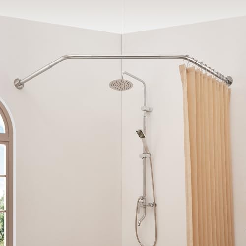 Mirooyu Corner Shower Curtain Rod Diamond Shaped [Both Sides: 22-34.8 Middle: 28/43.7/12.2] Heavy Duty NEO Angle Shower Pole for Bathroom Bathtub with 12 Hooks & Ceiling Support -Brushed Nickel