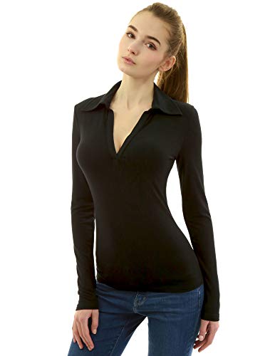 AmélieBoutik Women Collar V Neck Long Sleeve Polo Shirt