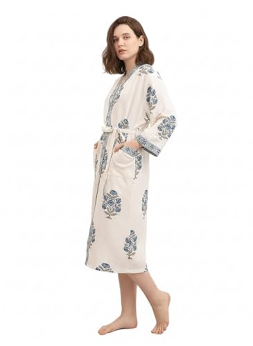Image of Hand Block Print Waffle Cotton Bathrobe For Women's Ultra-Soft & Lightweight After Bath Spa Bathrobe White | Highly Absorbent Free Size Soft & Comfortable