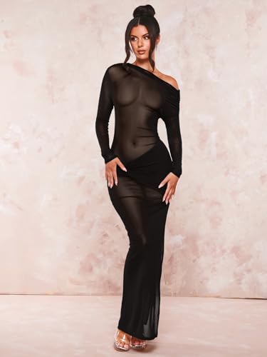 Floerns Women's Asymmetrical Neck Sheer Mesh Long Sleeve Evening Bodycon Maxi Dress4