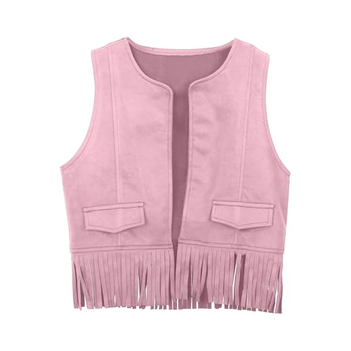 Piumini Per Bambino Ragazzi Ragazze Western Cowboy Cow Girl Gilet Nappa Frange Vita Cappotto Top Party Costume Romanzi Giovani 13, Colore: rosa., 7-8 Anni