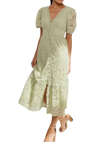 Image of utcoco Lace Dress for Women 2025 V-Neck Lantern Sleeve Hollow Out Button Down Slim High Wasit Midi Dress