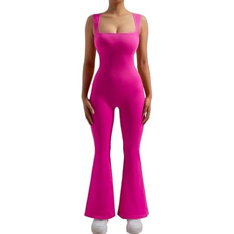 RUUHEE Women Seamless Ribbed Flare Jumpsuits Square Neck Bodycon Full Length Casual Unitard Playsuit(Large,Rose-29 Inseam) Cover