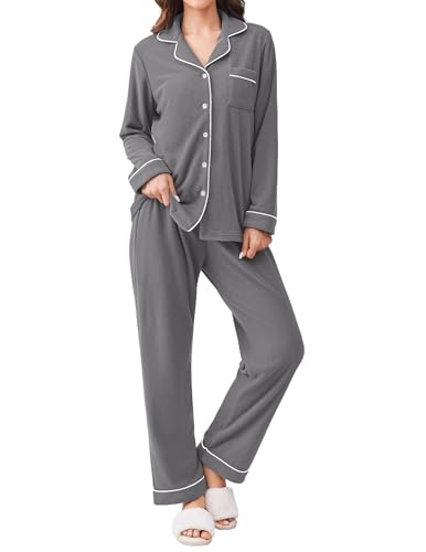 Ekouaer Women's Fleece Pajama Sets Long Sleeve Button Down Two-piece Sleepwear Soft Lounge Set Deep Grey