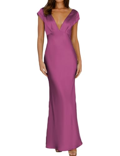 Image of Halfisland Womens Summer Satin V Neck Cap Sleeve Midi Dress Wedding Guest | 2026 Summer,Backless,Hollow Out,Long,Formal,Cocktail,Twist,Bridesmaid,Party,Baby Shower,Short Sleeve,Beach,Elegant,Evening