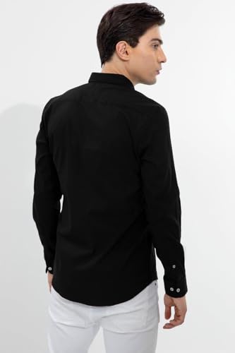 Image of SNITCH Men's Casual Shirt | Slim Fit Full Sleeve Button-Down Collar Solid Pattern | Premium Cotton & Breathable Fabric for College & Everyday Wear | Black
