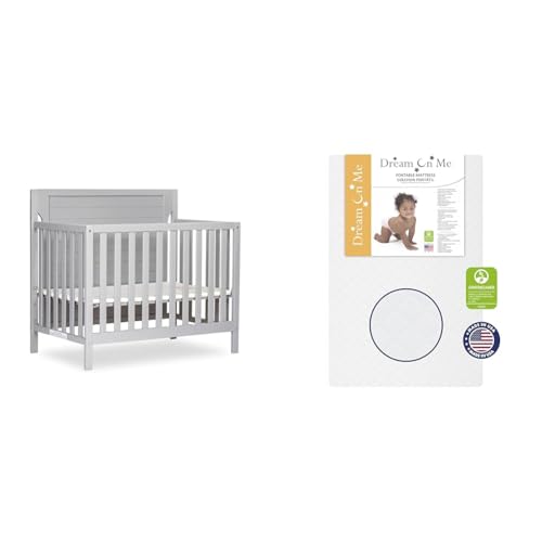 Image of Dream On Me Bellport 4 in 1 Convertible Mini/Portable Crib in Pebble Grey, Non-Toxic Finish & Sunset 3” Extra Firm Fiber Crib Mattress, Greenguard Gold Certified