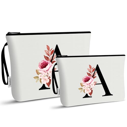 Image of Vavabox A-Z Personalized Makeup Bag, Birthday Gifts for Women Mom, Gifts for Best Friend, Bride Bridesmaid Cosmetic bag (A, 03-White Set)