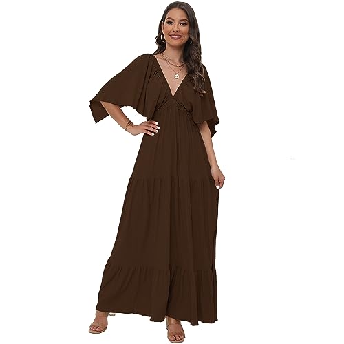 SUNNOW Women's Plus Size Summer Maxi Dress Flowy Loose Fit V-Neck Tiered Ruffle Sleeve Boho Beach Dress2