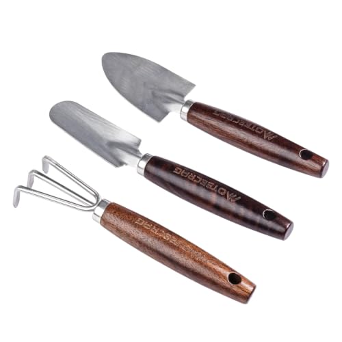 Image of Toddler Gardening Set with Small Shovel, Trowel and Rake | Stainless steel head and walnut wooden handle