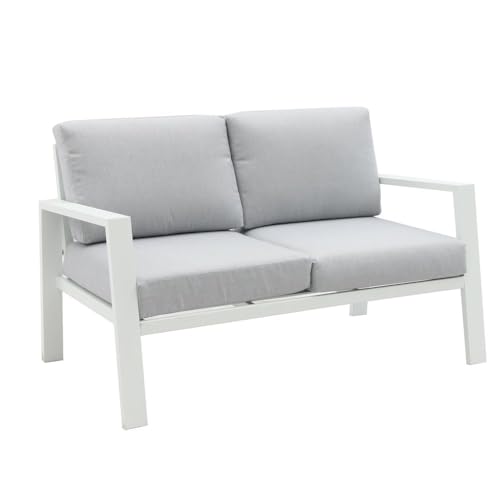 LOLAhome Sofá de Jardín Thais de Aluminio Blanco Tapizado en Tela Hidrófuga Gris de 2 plazas y 132 cm para Exterior, Terraza y Patio