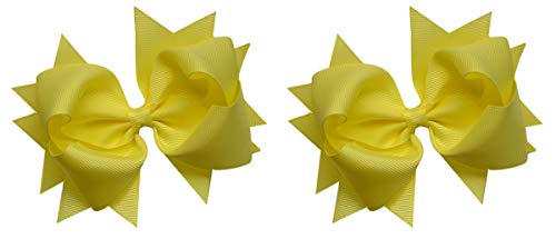 Hair Bow Set for Girls (2) 4.5 inch Grosgrain Ribbon Hair Bows ~ Funny Girl Designs (Pastel Yellow)