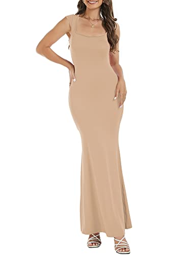 Image of Womens Summer Cap Sleeve Square Neck Elegant Casual Lounge Bodycon Slim Maxi Evening Party Long Dress