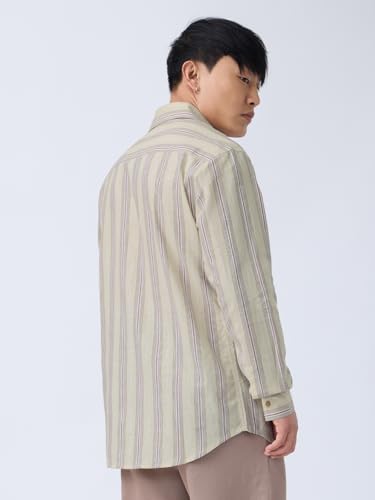 Image of The Souled Store: Echo Men and Boys Long Sleeve Spread Collar Beige and Blue Striped Regular Fit Casual Easy to Wear Summer Ready Lightweight Cotton Linen Shirt